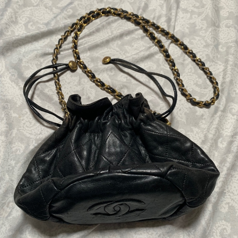 Vintage Chanel Quilted Lambskin Black Bucket Bag